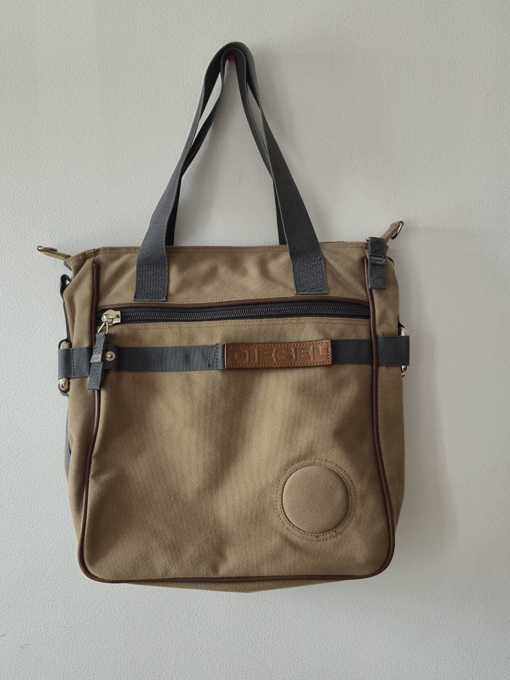 Diesel Men's Khaki Canvas Tote Bag with Grey Accents